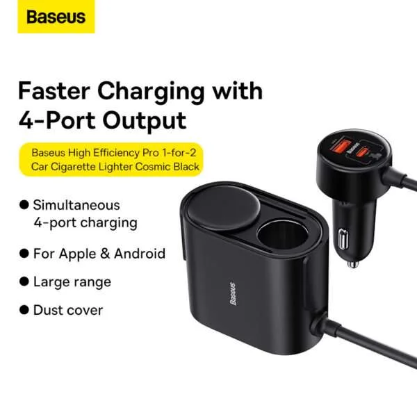 Baseus 30W High Efficiency Pro 1- for -2 Car Cigarette Lighter Cosmic Black 
